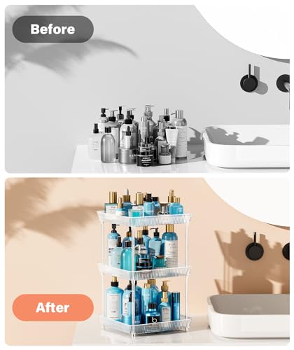 3 Tier Lazy Susan Bathroom Countertop Organizer, 360° Clear Rotating Square Storage Tray, Cosmetics and Perfume Organizer, Spinning Storage Tray Vanity Organizer Shelf for Bathroom Cabinet, Kitchen - size: 3 Tier /10.6 In Square
