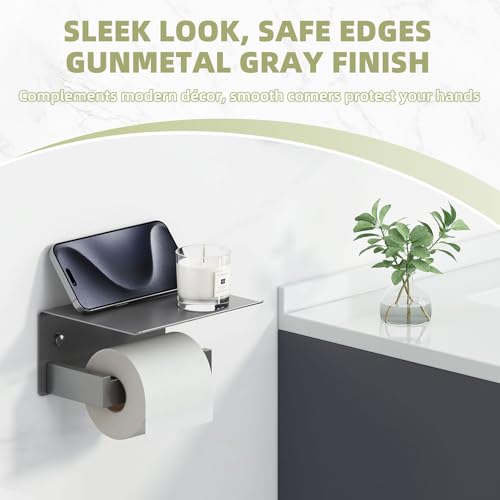 Toilet Paper Holder with Phone Shelf Gunmetal Gray, 304 Stainless Steel Rustproof Wall Mounted Heavy-Duty, Space-Saving for Modern Bathrooms - color: Gun Gray, size: Single Rod