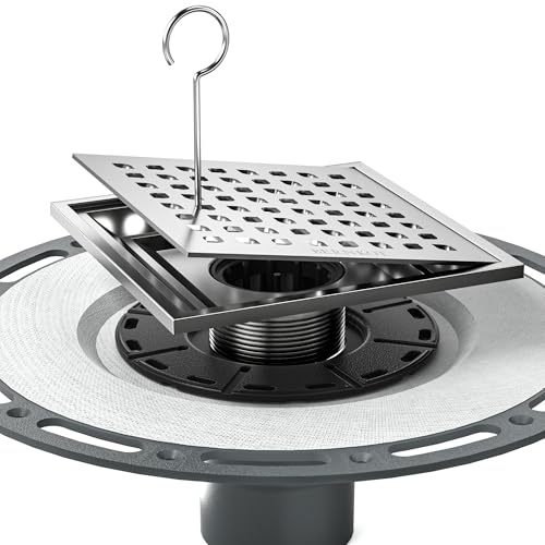 Square Shower Drain w/PVC Bonding Flange Base, 6" Brushed | 304 Stainless Steel Drain w/ Drain Key for Low Profile Shower Tiles, CUPC Certified - color: Brushed6"