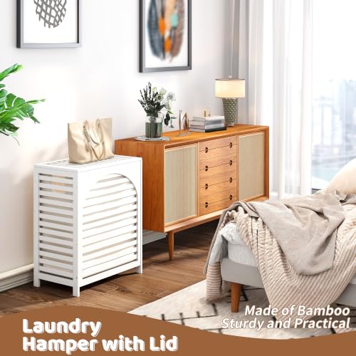 Laundry Hamper with Lid, Bamboo with Handles and Removable Liner Bag, 125L Laundry Basket for Bedroom, Bathroom & Laundry Room (White) - color: White