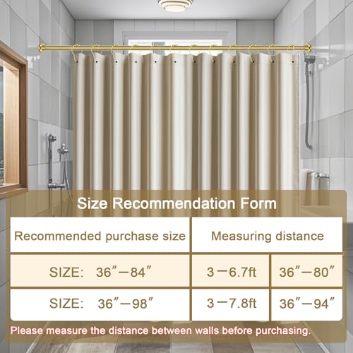 ZYRW Shower Curtain Rod 36-84 Inches (3-7ft) Non Rust Adjustable Shower Rod Spring Tension Non Slip No Drilling Stainless Steel Shower Rods for Bathroom Window - color: Brushed Gold, size: 36"-84"