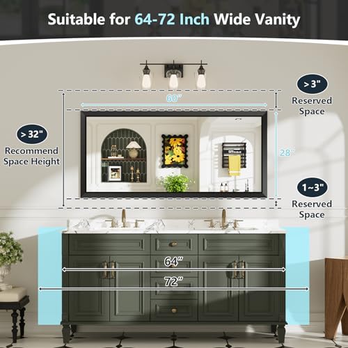 60x28 Inch Black Bathroom Mirror for Wall, Beveled Framed Rectangle Bathroom Vanity Mirrors for Over Sink, Bedroom, Living Room, Entryway, Anti-Rust, HD Tempered Glass, Horizontally/Vertically - size: 60"L x 28"W