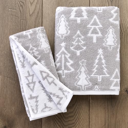 SKL Home Christmas/Winter Mod Tree Bath Towel, 100% Cotton, Gray | 500 GSM weight. Soft & absorbent. Reversible jacquard pattern. Great for holiday gifting. - color: Mod Tree (Gray), style: Bath Towel