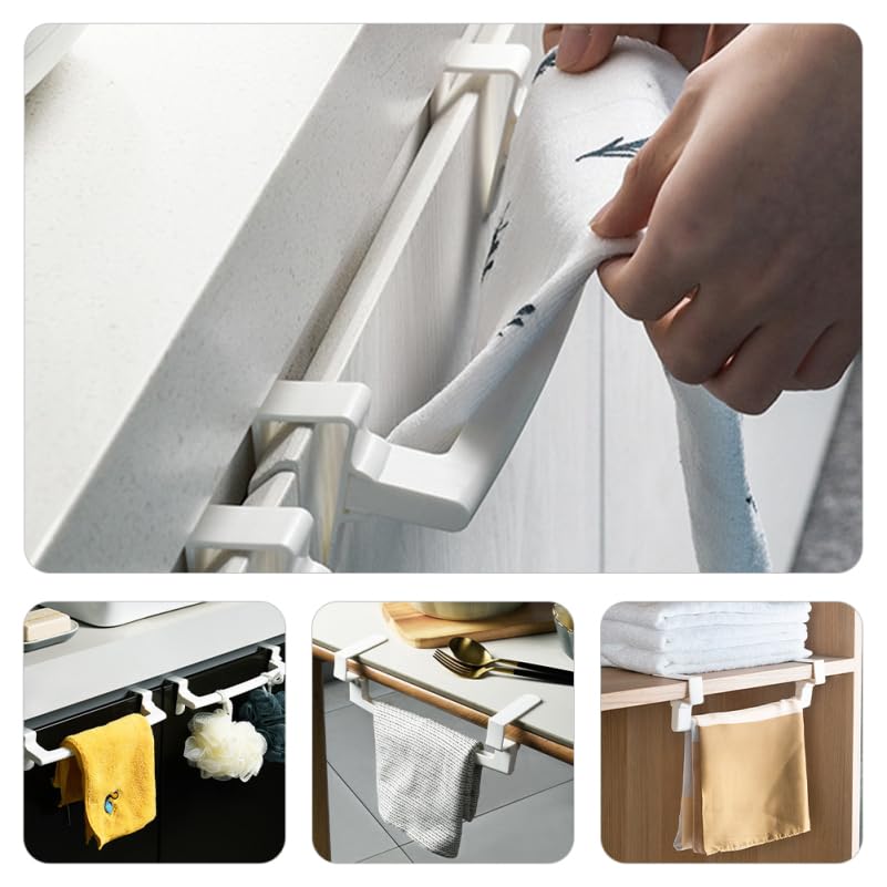 KALLORY 2pcs No Drill Towel Rack Buckle Bar, Removable Punch-Free Cabinet Door Hanging Towel Holder Organizer for Kitchen and Bathroom, White