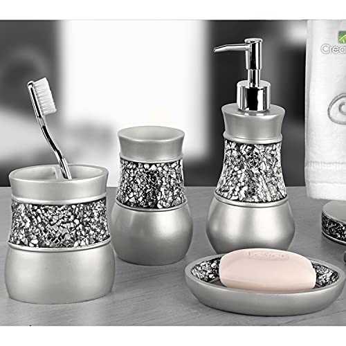 Creative Scents 4 Pc. Resin Bathroom Accessory Set | Silver Crackled Glass | Includes Soap Dispenser, Toothbrush Holder, Tumbler Cup and Soap Dish - style: 4 Pc Set