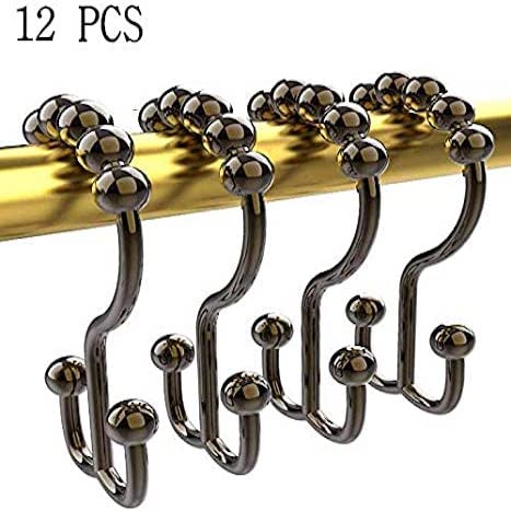 Rust Proof Shower Curtain Hooks - Set of 12 Metal Shower Curtain Rings - Double Glide Shower Hooks for Bathroom Curtain (Bronze) - color: Bronze