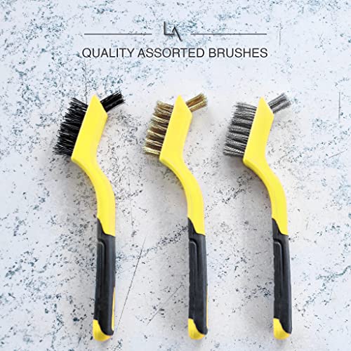 Wire Brush Set 3Pcs - Nylon/Brass/Stainless Steel Bristles with Curved Handle Grip for Rust, Dirt & Paint Scrubbing with Deep Cleaning – 7 Inches (Yellow) - color: Yellow