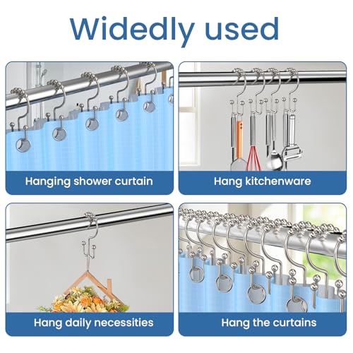 Brushed Nickel Shower Curtain Hooks Double Sided with Roller Balls | for Bathroom Rods, for Shower Curtain and Liner, Smooth Gliding, Rustproof Metal, Set of 12 Hooks - color: Nickel