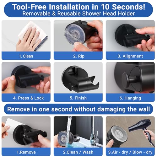 Suction Cup Shower Head Holder Wall Mount, Removable Handheld Shower Head Holder with Side Hook, Adjustable Vacuum Suction Shower Wand Holder (Black) (Black) - color: Black