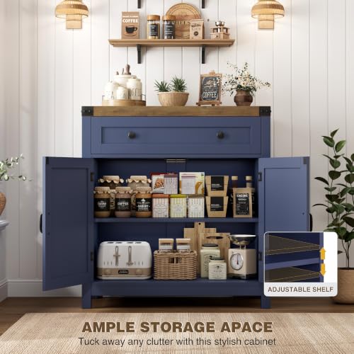 HOSTACK Kitchen Storage Cabinet, Farmhouse Coffee Bar Cabinet, Blue/Brown | Small Buffet Cabinet with Doors & Wide Drawer, Wood Sideboard Buffet, Entry Table w/ Adjustable Shelf for Dining Living Room - color: Blue / Rustic Brown