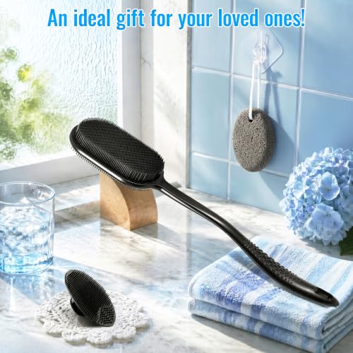 Silicone Back Scrubber for Shower, Bath Brush with Long Handle | Exfoliating & Lathering Body Scrubber Shower Brush - color: Black