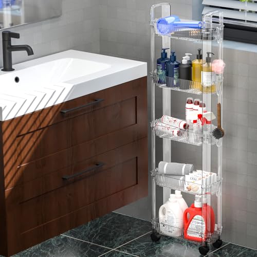 3 Tier Rolling Cart with Wheels,Clear Narrow Bathroom Rack Organizer,Slim Storage Cart,Three Tier Thin Shelf and Narrow Rolling Utility Cart for Small Space Shelf,Dorm Room,Kitchen,Laundry - size: 3Tiers-6.2"wide