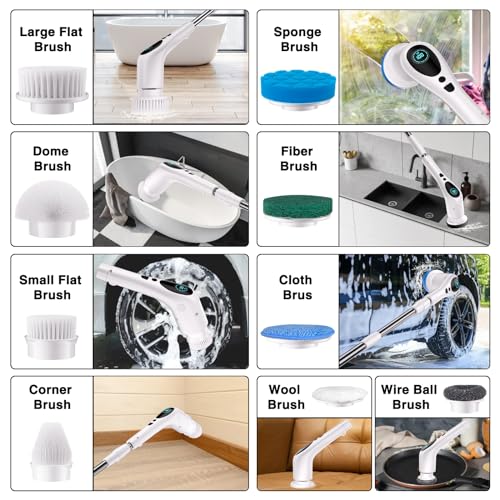 Electric Spin Scrubber, Electric Spin Cordless Tub and Tile Scrubber with Voice Broadcasting 3 Speed 9 Replaceable Clean Heads Power Spin Scrubbers