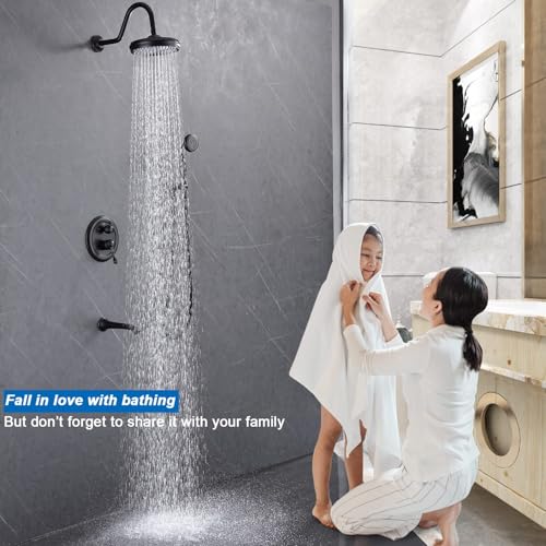Enga Antique Brass Tub Shower Faucet Fixture Shower System, 8inch Wall Mount Rain Shower with Spout and Hand Spray,Oil Rubbed Bronze - color: Oil Rubbed Bronze, style: 8" Head + Tub