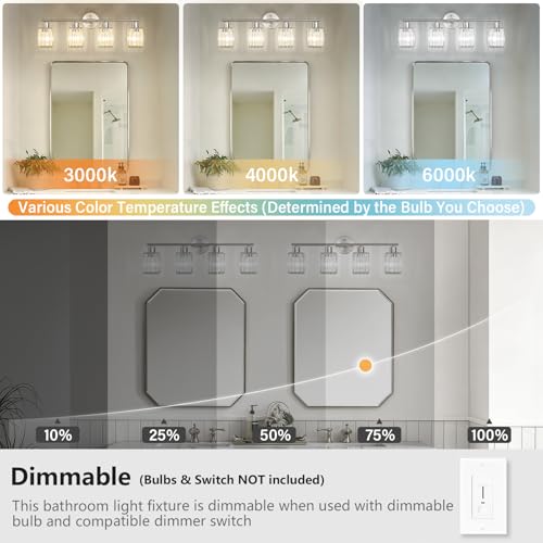 4 Light Bathroom Light Fixtures, Modern Crystal Vanity Lights over Mirror | Metal Frame, Bathroom Light with Square Crystal Shade, ETL Certified, E26 Ceramic Socket, Bulbs Not Included - color: Brushed Nickel, size: 4-Light