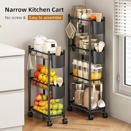 Slim Rolling Storage Cart, 4 Tier Narrow Utility Cart with Wheels, Skinny Metal Mobile Shelf Unit Organizer for Bathroom Kitchen Laundry Room Pantry Office Small Spaces, Black