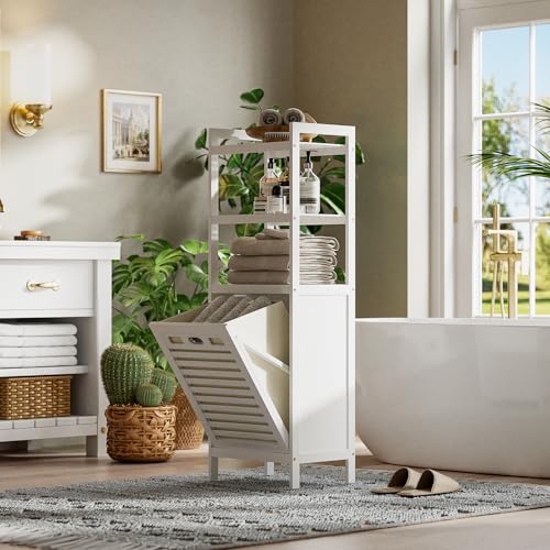 HITNET Bamboo Tilt Out Hamper, 10 Gal Bathroom Laundry Cabinet with Hidden Foldable Basket, Freestanding Clothes Storage Organizer with Storage Shelf, White - color: White