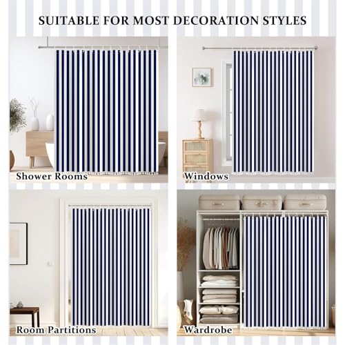 AOFOTO Navy Blue and White Stripe Shower Curtain Farmhouse Style Striped Line Bathroom Curtains Waterproof Fabric Machine Washable with 10 Hooks Modern Fashion Simple Bathroom Curtain 60x72 Inch - color: Navy Blue, size: 60"W x 72"L (Pack of 1)