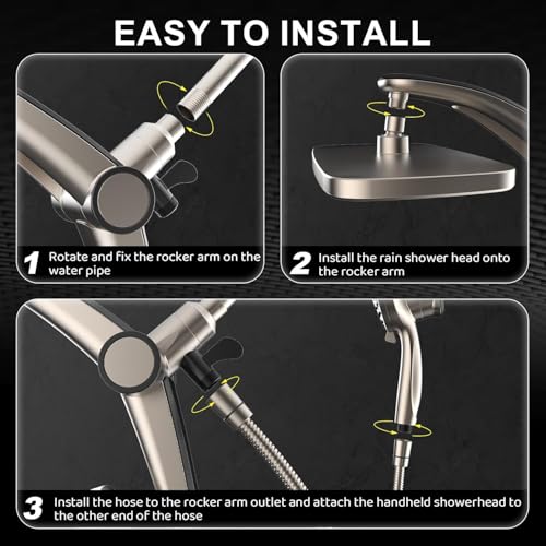 12-Inch High Pressure Rain Shower Head with Handheld Spray Combo, Magnetic | Dual shower heads; one-piece bracket adjusts height and angle; 9 settings: 8 sprays + 1 Power Jet for cleaning; easy install - color: Brushed Nickel