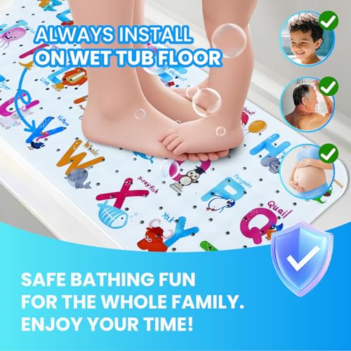 Baby Bath Tub Mat, Extra Large Non Slip Kids Cartoon Bathtub Shower Mats with Suction Cups & Drain Holes, Machine Washable for Bathroom, 40 x 16 Inch, Alphabet Animals Pattern - color: Alphabet Animals