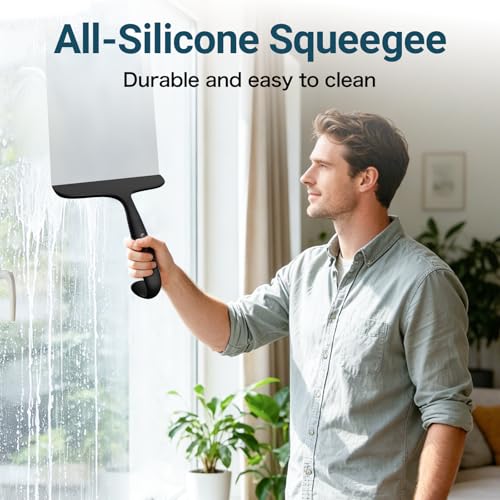 SetSail Shower Squeegee for Glass Doors,One-piece All Silicone Squeegee | Streak-Free Bathroom Squeegee for Shower Glass Window Mirror Tile Wall, Built-in Hook, Ergonomic Grip, Black(9.5-inch)