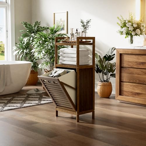 HITNET Bamboo Tilt Out Laundry Hamper, Bathroom Storage Cabinet with Hidden Removable Basket and 2 Open Shelves, Space Saving Bamboo Storage for Clothes, Towels and Toys, Walnut - color: Walnut