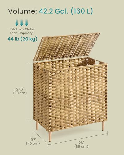 SONGMICS 3-Section Laundry Hamper with Lid, 42.2 Gal (160L) PE Rattan Laundry Basket with Removable Washable Liners, for Bedroom & Living Room, Goose Yellow ULCB223YE01 - color: Goose Yellow, size: 160 L (3 Basket)