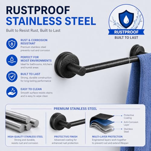 Adjustable Suction Cup Towel Bar, 11.3-22.17 Inch Matte Black | No-Drill Stainless Steel Design, Reusable Suction Mount, for Smooth Tile, Glass, Mirror, Metal and Plastic - color: Matte Black