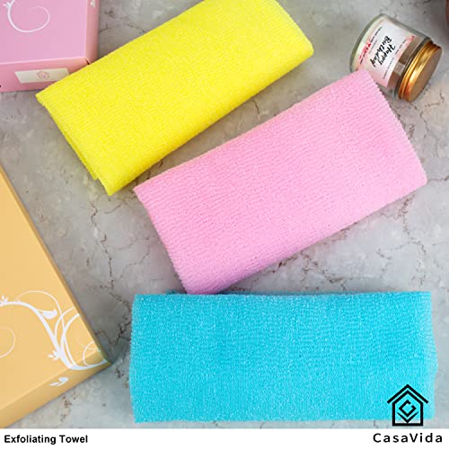 Exfoliating Washcloth Back Scrubber, 3 Pack, Orange Purple Navy | Japanese Beauty Washcloth, Back Scrubber for Daily Use, Textured Poly Nylon Body, Smoother-Looking Skin, Quick-Dry - style: Orange + Purple + Navy-Blue