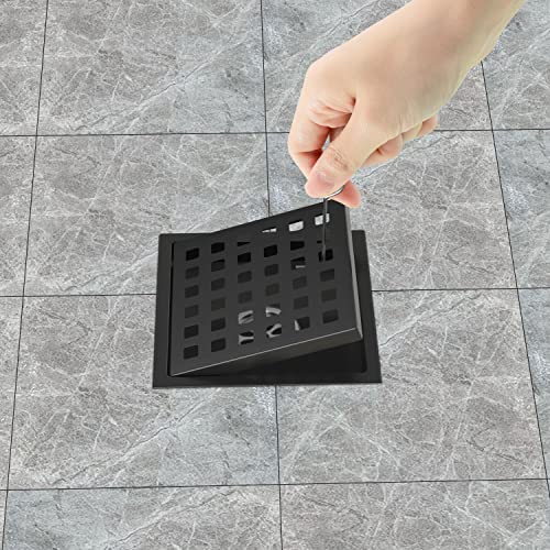 EXF Square Shower Drain 4-3/8 Inch Matte Black with ABS Flange | Stainless Steel, Anti-Clog, Removable Grid Grate and Hair Catcher, for Modern Bathroom Remodel Curbless Shower - color: Matte Black, size: 4IN