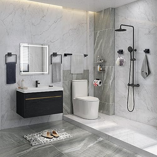TQKAG 6-Piece Towel Bar Set, 23.6 Inch Bathroom Hardware Set, Matte Black | Stainless Steel, Wall Mounted, Black Bathroom Accessories Include Toilet Paper Holder Wall, Towel Bar, Towel Ring, Coat Hook - color: Matte Black, size: 6-Pieces Set-A