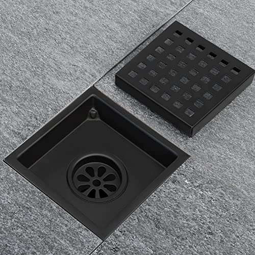 4 inch Square Shower Drain with Removable Cover Grid Grate,SUS 304 Stainless Steel Tile in Floor Drain,Matte Black - color: Matte Black (Without Drain Base/Adapter)