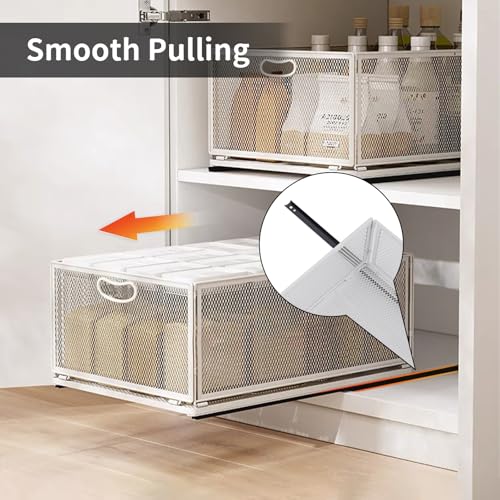 Sliding Cabinet Basket Organizer Drawer Self Adhesive Slide out Pantry Shelves Heavy Duty Carbon Steel Slide Cabinet Storage Basket with Handle for Bathroom Kitchen Home - size: Extended Medium