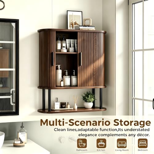 Fluted Bathroom Wall Cabinet, Wall Mounted Medicine Cabinet with Sliding Tambour Door & Adjustable Shelf, 3-Tier Over the Toilet Storage Cabinet for Laundry Room, Kitchen, Walnut - color: Walnut