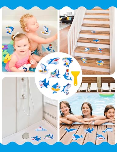 26Pcs Non Slip Bathtub Stickers, Cute Shark Stickers with Scraper | Sea Creature Anti Slip Bath Tub Shower Decal with Adhesive Back for Bathroom, Shower Stairs - color: Shark, size: 26Pcs