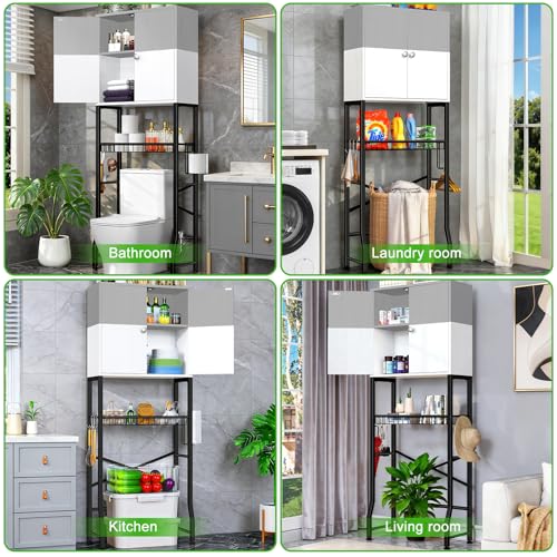 Over-The-Toilet Storage Rack, 4-Tier Bathroom Organizer Shelf Over Toilet with Barn Doors Cabinet and Basket, Freestanding Space Saver Bathroom Shelves with Paper Holder Above Toilet (Gray & White) - color: Gray White