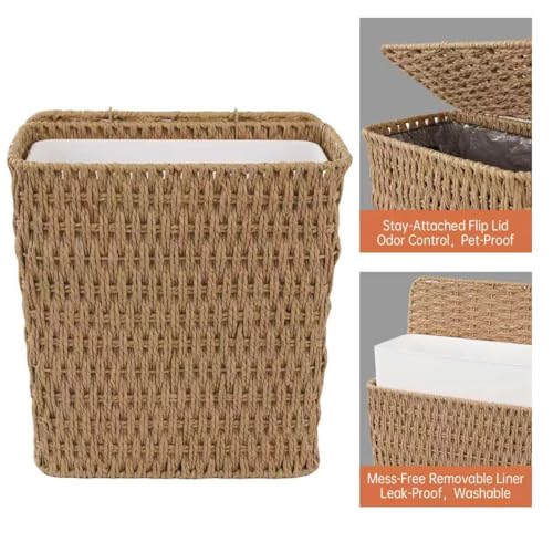 Coeusy 3 Gallon Paper Rope Bathroom Trash Can,Small Wicker Trash Cans with Lid and Liner,Woven Rattan Narrow Waste Basket for Bedroom,Office,Natural - color: Natural