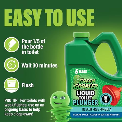 Green Gobbler Liquid Toilet Plunger | Clog Remover | Safe for Toilets and Septic | No Plunger Needed | 5 Uses - size: 60 Fl Oz (Pack of 1)