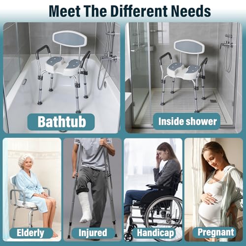 U-Shape Shower Chair for Inside Shower | 330LBS Weight Capacity, Padded Armrests & Backrest, Height Adjustable, Non-Slip, Tool-Free Assembly