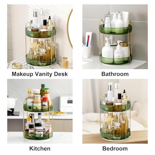 360 Rotating Makeup Organizer for Vanity, Bathroom Countertop Spinning Perfume Organizer, High-Capacity Cosmetic and Skincare Dresser Make Up Holder Rack (3 Tiers, Green)