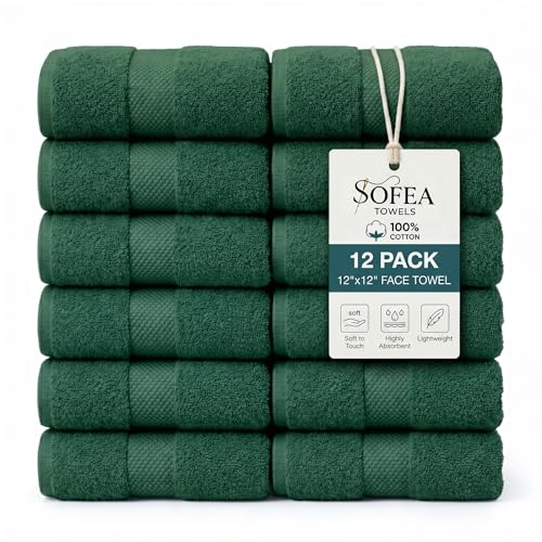 Sofea 100% Cotton Washcloths Set of 12, (12 x 12 Inch) 520 GSM Wash Cloths, Extra Soft Absorbent Quick Dry Face Towels - color: Forest Green