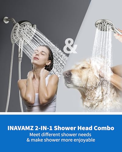 2 in 1 Shower Head with Handheld Combo High Pressure Nickel 2.5 GPM | 7.2" Rain Showerhead and 9 Spray Hand Held Shower, Adjustable Shower Angle, 59-inch Rotatable Stainless Steel Hose - color: Nickel, size: 2.5 GPM