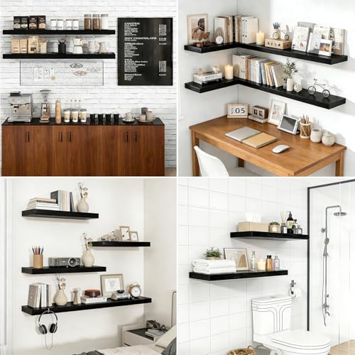 Wood Floating Shelves Floating Wall Shelves Set of 2, Wall Mounted Space Saving Display Rack, 50LBS Capacity Farmhouse Style for Home Bathroom Kitchen Office, 23.6" W×9.25" D×1.57" H, Black - color: Black, size: 23.6'W *9.25"D*1.57"H ,Set of 2