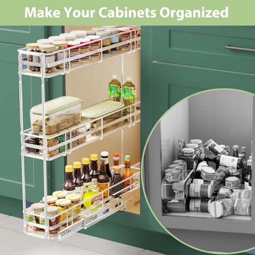 Pull Out Spice Rack Cabinet Organizer 6" W x 20½" D, 3 Tier Heavy Duty Slide Out Wood Shelf for Narrow Cabinet, Pull Out Storage for Kitchen - size: 6" W x 20½" D