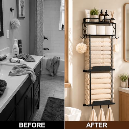 Towel Racks for Bathroom 39.9 Inch Wall Mounted Towel Rack with Shelf, Bathroom Towel Storage Holds 6 Large Rolled Towels, Metal Wall Towel Rack, Black - size: 39.9inch
