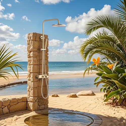 Brushed Gold Exposed Shower System with 2 Modes HandHeld,3 Functions Tub Shower Faucet Sets with Brass Valve, Shower Fixture with 10 Inches Rainfull Shower Head,Shower Height Adjustable - color: B- Brushed Gold with Round Shower Head