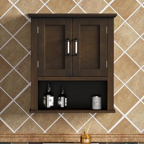ChooChoo Wood Bathroom Wall Cabinet with Doors, Walnut Medicine Cabinet | Rustic Over The Toilet Storage Cabinet, Adjustable Shelf, Open & Concealed Storage, 7.5 x 21.6 x 24 Inches - color: Walnut