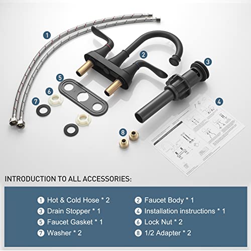 GENBONS Bathroom Faucets for Sink 3 Hole, 4 inch Matte Black with Pop-up Drain and 2 Supply Hoses 2 Handle Centerset Faucet for Sink Vanity - color: Matte Black - C, style: Centerset Bathroom Faucet