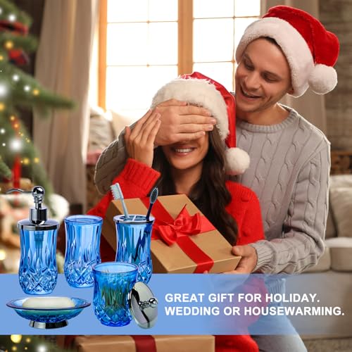 Blue Bathroom Accessories, Round Thick Glass & Metal Pump | Beautiful & weight, 5 pcs soap dispenser, toothbrush holder, soap dish, tumbler & jar, for mission/amish style - style: Round(Blue)