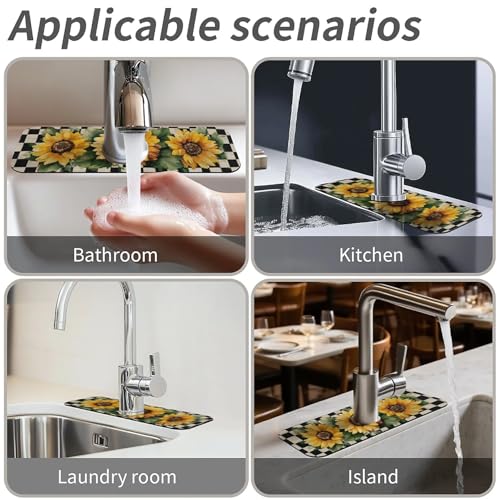 Kitchen Sink Splash Guard,Checkerboard Sunflower-1 Faucet Mat Sink Gadgets-Super Absorbent Fast Drying Mat Drip Catcher for Kitchen, Bathroom,Sink Mat, Dish Drying Mat, Bathroom(15" X 5.5" ) - color: Checkerboard Sunflower-1